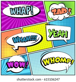 Abstract creative concept comic pop art style blank, layout template with clouds beams and isolated dots background. For sale banner, empty speech bubble set, vector illustration halftone book design