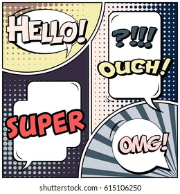 Abstract creative concept comic pop art style blank, layout template with clouds beams and isolated dots background. For sale banner, empty speech bubble set, vector illustration halftone book design