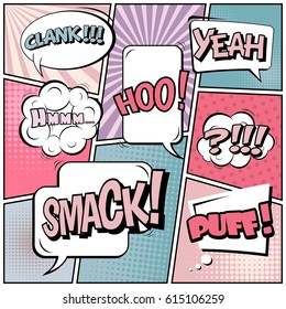 Abstract creative concept comic pop art style blank, layout template with clouds beams and isolated dots background. For sale banner, empty speech bubble set, vector illustration halftone book design