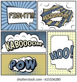 Abstract creative concept comic pop art style blank, layout template with clouds beams and isolated dots background. For sale banner, empty speech bubble set, vector illustration halftone book design