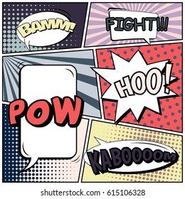Abstract creative concept comic pop art style blank, layout template with clouds beams and isolated dots background. For sale banner, empty speech bubble set, vector illustration halftone book design