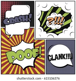 Abstract creative concept comic pop art style blank, layout template with clouds beams and isolated dots background. For sale banner, empty speech bubble set, vector illustration halftone book design