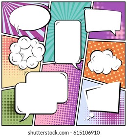 Abstract creative concept comic pop art style blank, layout template with clouds beams and isolated dots background. For sale banner, empty speech bubble set, vector illustration halftone book design