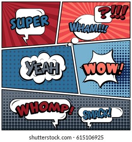 Abstract creative concept comic pop art style blank, layout template with clouds beams and isolated dots background. For sale banner, empty speech bubble set, vector illustration halftone book design