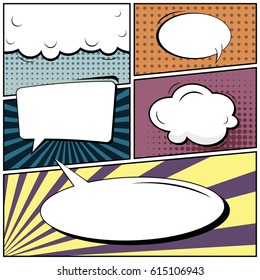 Abstract creative concept comic pop art style blank, layout template with clouds beams and isolated dots background. For sale banner, empty speech bubble set, vector illustration halftone book design