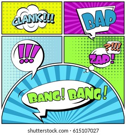 Abstract creative concept comic pop art style blank, layout template with clouds beams and isolated dots background. For sale banner, empty speech bubble set, vector illustration halftone book design