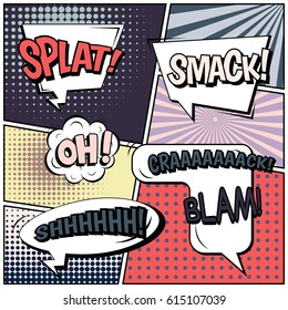 Abstract creative concept comic pop art style blank, layout template with clouds beams and isolated dots background. For sale banner, empty speech bubble set, vector illustration halftone book design