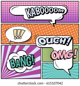 Abstract creative concept comic pop art style blank, layout template with clouds beams and isolated dots background. For sale banner, empty speech bubble set, vector illustration halftone book design