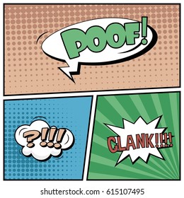 Abstract creative concept comic pop art style blank, layout template with clouds beams and isolated dots background. For sale banner, empty speech bubble set, vector illustration halftone book design