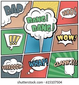 Abstract creative concept comic pop art style blank, layout template with clouds beams and isolated dots background. For sale banner, empty speech bubble set, vector illustration halftone book design