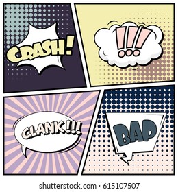 Abstract creative concept comic pop art style blank, layout template with clouds beams and isolated dots background. For sale banner, empty speech bubble set, vector illustration halftone book design