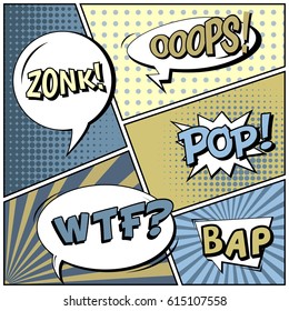 Abstract creative concept comic pop art style blank, layout template with clouds beams and isolated dots background. For sale banner, empty speech bubble set, vector illustration halftone book design
