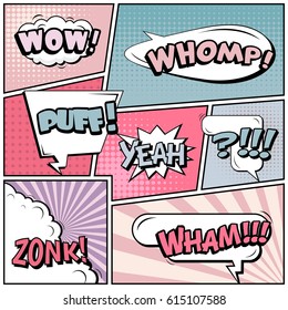Abstract creative concept comic pop art style blank, layout template with clouds beams and isolated dots background. For sale banner, empty speech bubble set, vector illustration halftone book design