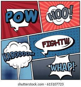 Abstract creative concept comic pop art style blank, layout template with clouds beams and isolated dots background. For sale banner, empty speech bubble set, vector illustration halftone book design