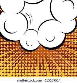Abstract creative concept comic pop art style blank, layout template with clouds beams and isolated dots background. For sale banner, empty speech bubble set, vector illustration halftone book design