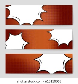 Abstract creative concept comic pop art style blank, layout template with clouds beams and isolated dots background. For sale banner, empty speech bubble set, vector illustration halftone book design
