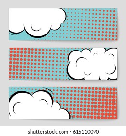 Abstract creative concept comic pop art style blank, layout template with clouds beams and isolated dots background. For sale banner, empty speech bubble set, vector illustration halftone book design