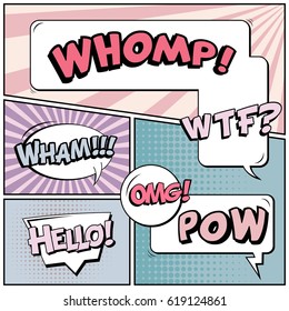 Abstract creative concept comic pop art style blank, layout template with clouds beams and isolated dots background. For sale banner, empty speech bubble set, vector illustration halftone book design