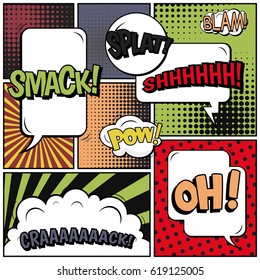 Abstract creative concept comic pop art style blank, layout template with clouds beams and isolated dots background. For sale banner, empty speech bubble set, vector illustration halftone book design