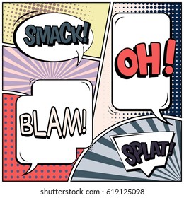 Abstract creative concept comic pop art style blank, layout template with clouds beams and isolated dots background. For sale banner, empty speech bubble set, vector illustration halftone book design