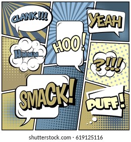 Abstract creative concept comic pop art style blank, layout template with clouds beams and isolated dots background. For sale banner, empty speech bubble set, vector illustration halftone book design