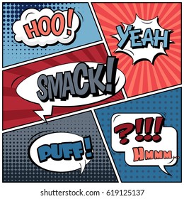 Abstract creative concept comic pop art style blank, layout template with clouds beams and isolated dots background. For sale banner, empty speech bubble set, vector illustration halftone book design