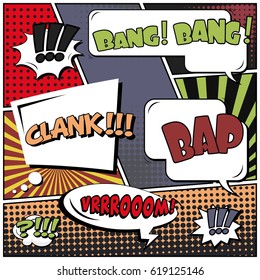 Abstract creative concept comic pop art style blank, layout template with clouds beams and isolated dots background. For sale banner, empty speech bubble set, vector illustration halftone book design