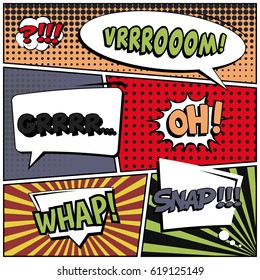 Abstract creative concept comic pop art style blank, layout template with clouds beams and isolated dots background. For sale banner, empty speech bubble set, vector illustration halftone book design