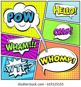 Abstract creative concept comic pop art style blank, layout template with clouds beams and isolated dots background. For sale banner, empty speech bubble set, vector illustration halftone book design