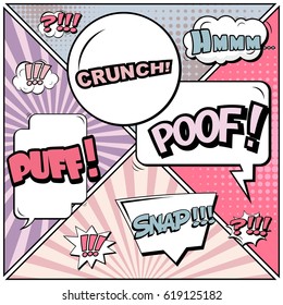 Abstract creative concept comic pop art style blank, layout template with clouds beams and isolated dots background. For sale banner, empty speech bubble set, vector illustration halftone book design