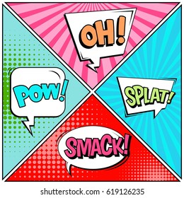 Abstract creative concept comic pop art style blank, layout template with clouds beams and isolated dots background. For sale banner, empty speech bubble set, vector illustration halftone book design