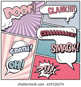Abstract creative concept comic pop art style blank, layout template with clouds beams and isolated dots background. For sale banner, empty speech bubble set, vector illustration halftone book design