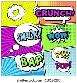 Abstract creative concept comic pop art style blank, layout template with clouds beams and isolated dots background. For sale banner, empty speech bubble set, vector illustration halftone book design