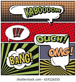Abstract creative concept comic pop art style blank, layout template with clouds beams and isolated dots background. For sale banner, empty speech bubble set, vector illustration halftone book design