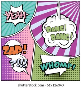 Abstract creative concept comic pop art style blank, layout template with clouds beams and isolated dots background. For sale banner, empty speech bubble set, vector illustration halftone book design