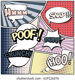 Abstract creative concept comic pop art style blank, layout template with clouds beams and isolated dots background. For sale banner, empty speech bubble set, vector illustration halftone book design