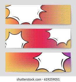 Abstract creative concept comic pop art style blank, layout template with clouds beams and isolated dots background. For sale banner, empty speech bubble set, vector illustration halftone book design