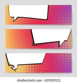Abstract creative concept comic pop art style blank, layout template with clouds beams and isolated dots background. For sale banner, empty speech bubble set, vector illustration halftone book design