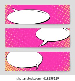 Abstract creative concept comic pop art style blank, layout template with clouds beams and isolated dots background. For sale banner, empty speech bubble set, vector illustration halftone book design