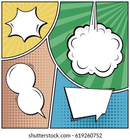 Abstract creative concept comic pop art style blank, layout template with clouds beams and isolated dots background. For sale banner, empty speech bubble set, vector illustration halftone book design