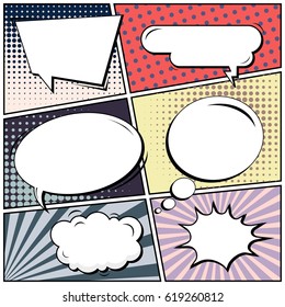 Abstract creative concept comic pop art style blank, layout template with clouds beams and isolated dots background. For sale banner, empty speech bubble set, vector illustration halftone book design