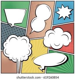 Abstract creative concept comic pop art style blank, layout template with clouds beams and isolated dots background. For sale banner, empty speech bubble set, vector illustration halftone book design