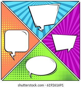 Abstract creative concept comic pop art style blank, layout template with clouds beams and isolated dots background. For sale banner, empty speech bubble set, vector illustration halftone book design
