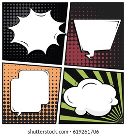 Abstract creative concept comic pop art style blank, layout template with clouds beams and isolated dots background. For sale banner, empty speech bubble set, vector illustration halftone book design