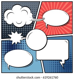 Abstract creative concept comic pop art style blank, layout template with clouds beams and isolated dots background. For sale banner, empty speech bubble set, vector illustration halftone book design