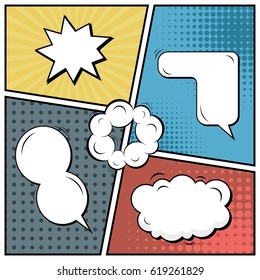 Abstract creative concept comic pop art style blank, layout template with clouds beams and isolated dots background. For sale banner, empty speech bubble set, vector illustration halftone book design