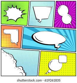 Abstract creative concept comic pop art style blank, layout template with clouds beams and isolated dots background. For sale banner, empty speech bubble set, vector illustration halftone book design