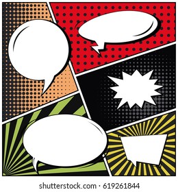 Abstract creative concept comic pop art style blank, layout template with clouds beams and isolated dots background. For sale banner, empty speech bubble set, vector illustration halftone book design