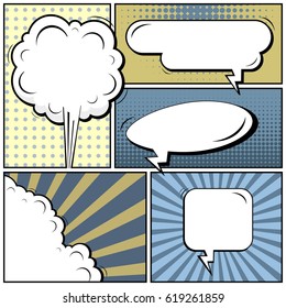 Abstract creative concept comic pop art style blank, layout template with clouds beams and isolated dots background. For sale banner, empty speech bubble set, vector illustration halftone book design