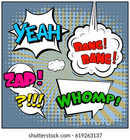 Abstract creative concept comic pop art style blank, layout template with clouds beams and isolated dots background. For sale banner, empty speech bubble set, vector illustration halftone book design